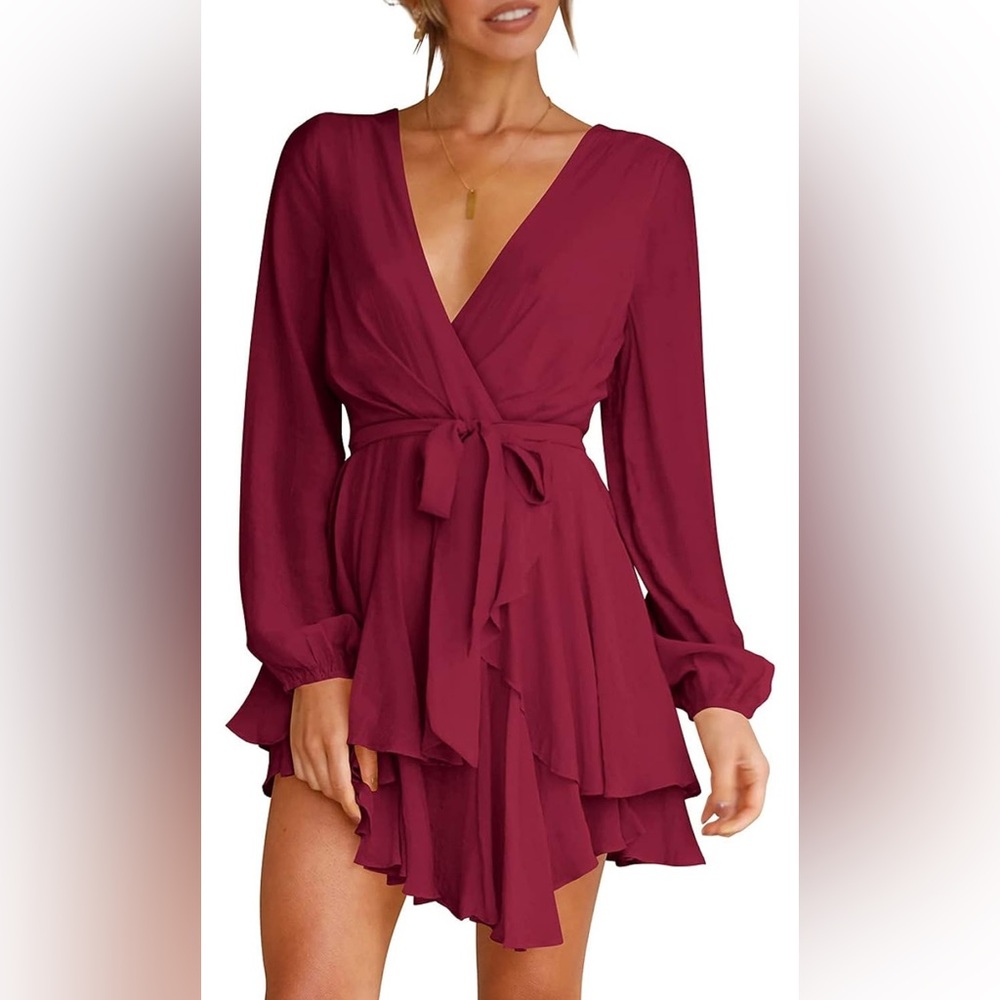 Red Wrap Sundress with Bishop Sleeves and Plunge Neckline